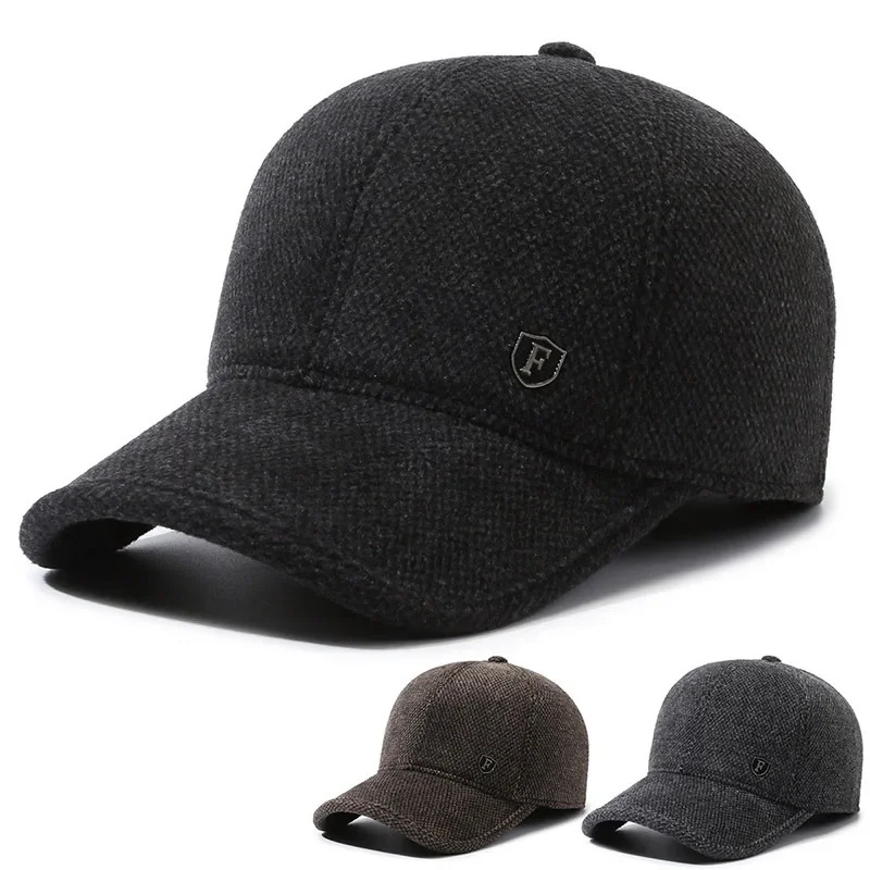 Autumn and winter new hat men's middle-aged hemming small F standard winter baseball cap ear protector woolen warm cap