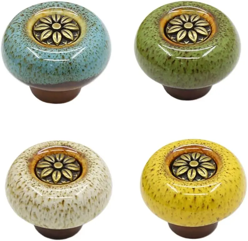 Colorful Leopard Print Glass Round Single Hole Ceramic Cabinet Knobs with Installation Hardware