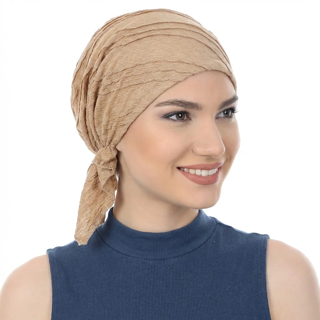

New Women Solid Color Cotton Crinkle Turban Elastic Muslim Hijab Hats Long Tail Head Wraps Chemo Beanies Caps Cancer Bandanas