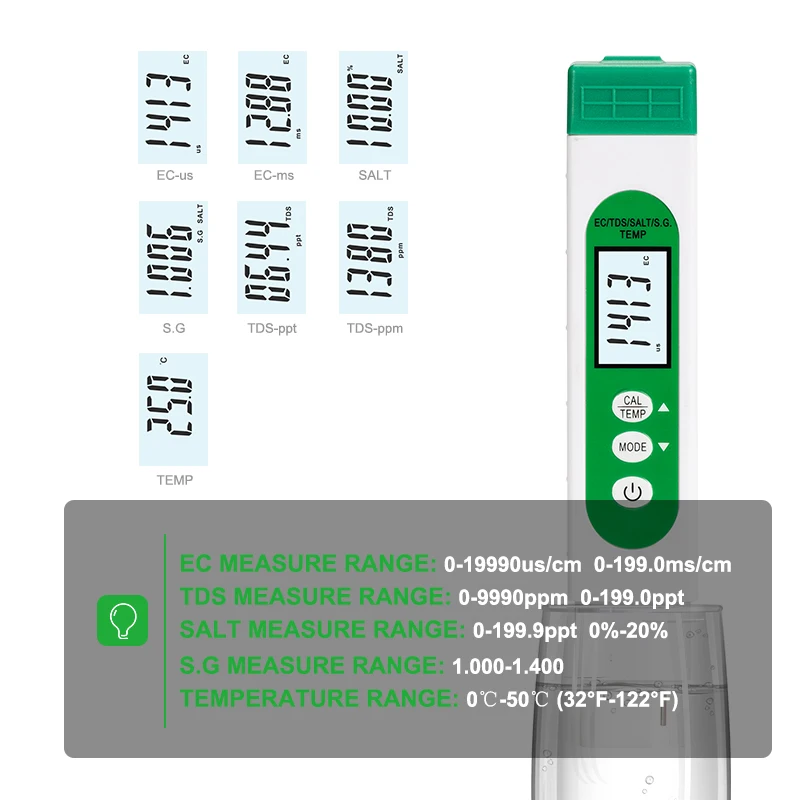 

5 in 1 TDS EC SALT S.G TEMP Water Quality Tester Digital TDS Meter Marine Aquarium Salinity Meter for Aquarium Swimming Pool