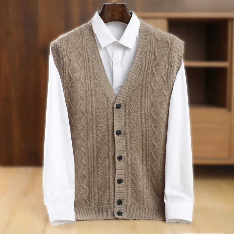 Men's V-neck Waistcoat Sleeveless Sweater Wool Cardigan Vest Autumn Winter Cashmere Twist Flower 100% Merino Wool Knitwear Tops