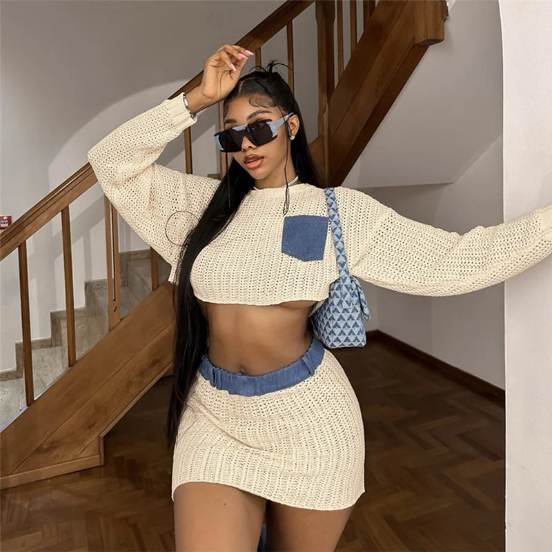 Patchwork Denim Sweater White Two Piece Set for Women Sexy Knitted Crop Top + Mini Skirts Skinny Club Party Outfits Casual Suits