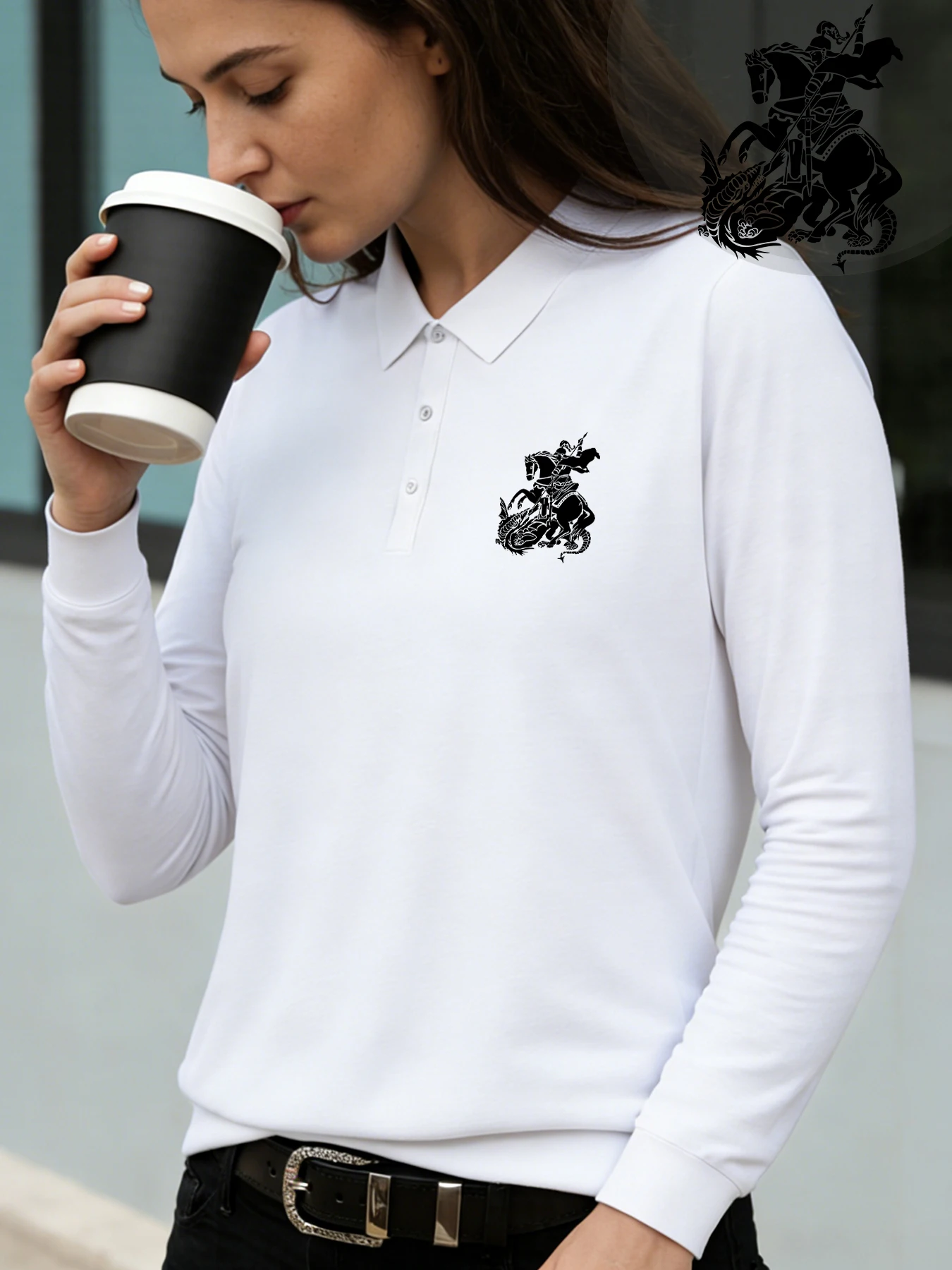 Damen-T-Shirt, langärmeliges Poloshirt, Ritterpferd und Drachen-Aufdruck, bequeme Freizeitkleidung für den täglichen Ausflüge, Büro-Matching