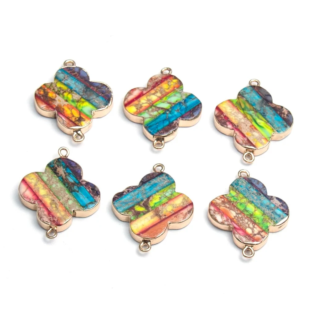 

1PC 21x34mm Flower Shape Natural Stone Connectors Multicolor Imperial Stone Double Hole Connector DIY Making Jewelry Accessories