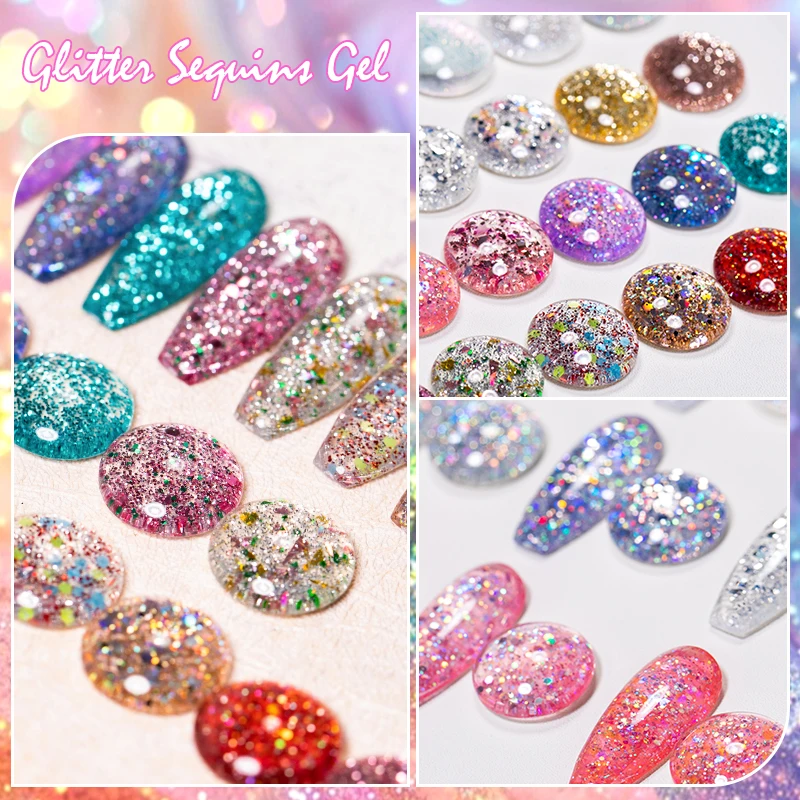 MEET ACROSS 7 ml Glitzer-Gel-Nagellack, Frühling, funkelnder, langlebiger Lack für die Maniküre, Soak Off Gel Nail Base Gel Top Coat