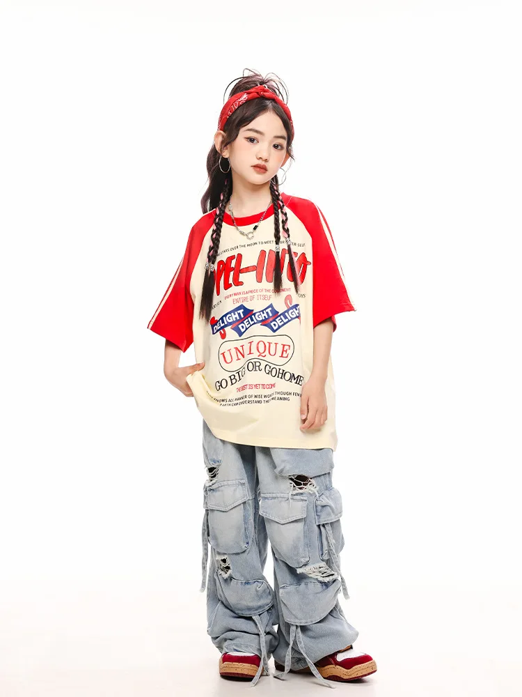 Hip Hop Mädchen Kleidung Kinder Jazz Street Dance Kostüm Meter Rot T Shirt Denim Cargo Hosen für Jungen Performance Outfit
