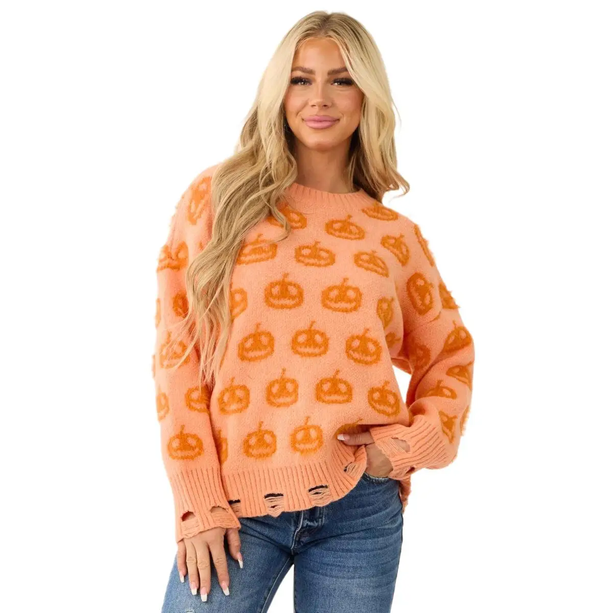 

2025 New Fashion Printed Round Neck Knitted Sweater Women's Winter Casual Loose Halloween Pumpkin Head Shirt For Women