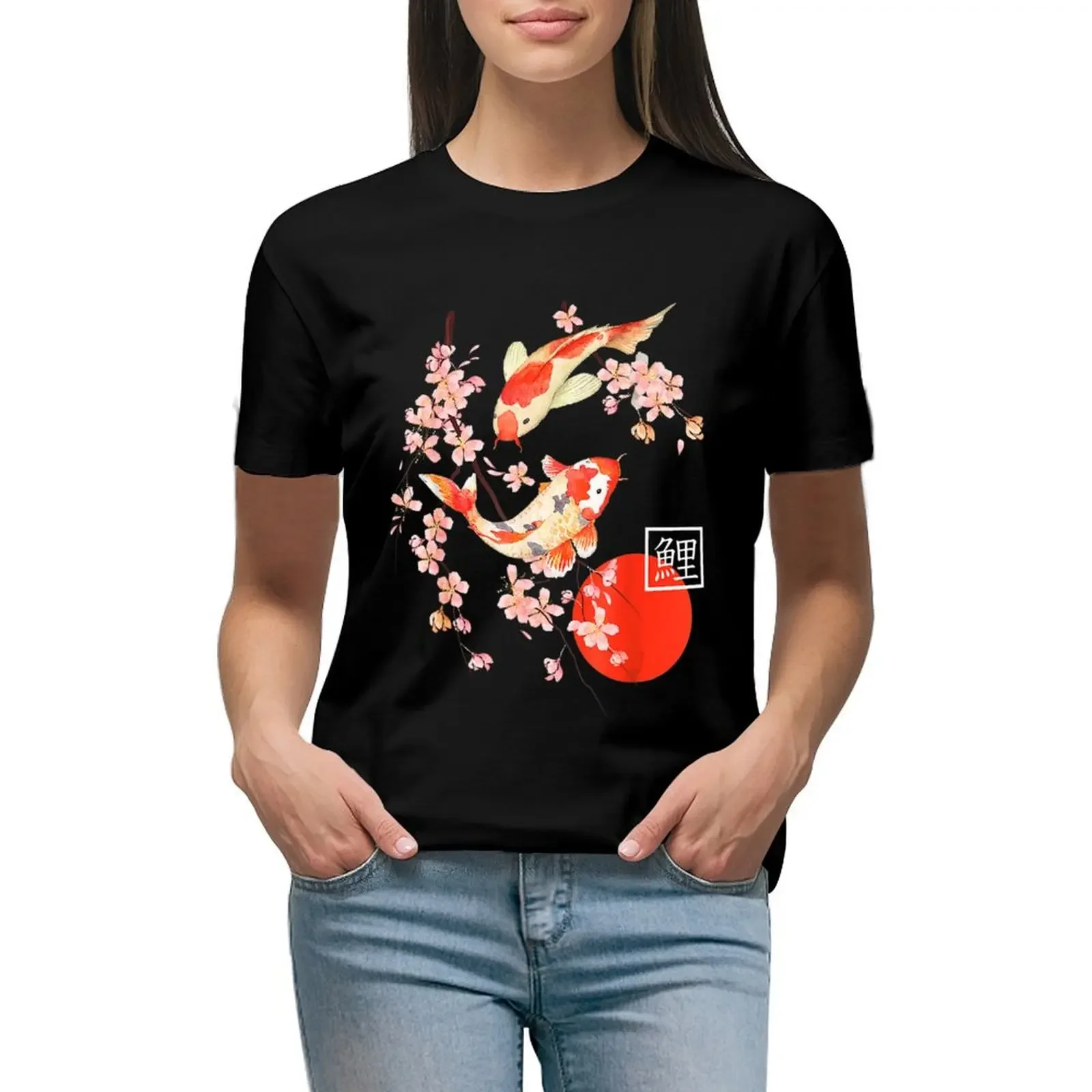 Cherry Blossom Koi Carp Fish Japanese Sakura T-Shirt cute clothes customizeds aesthetic clothes Women's summer blouses 2024