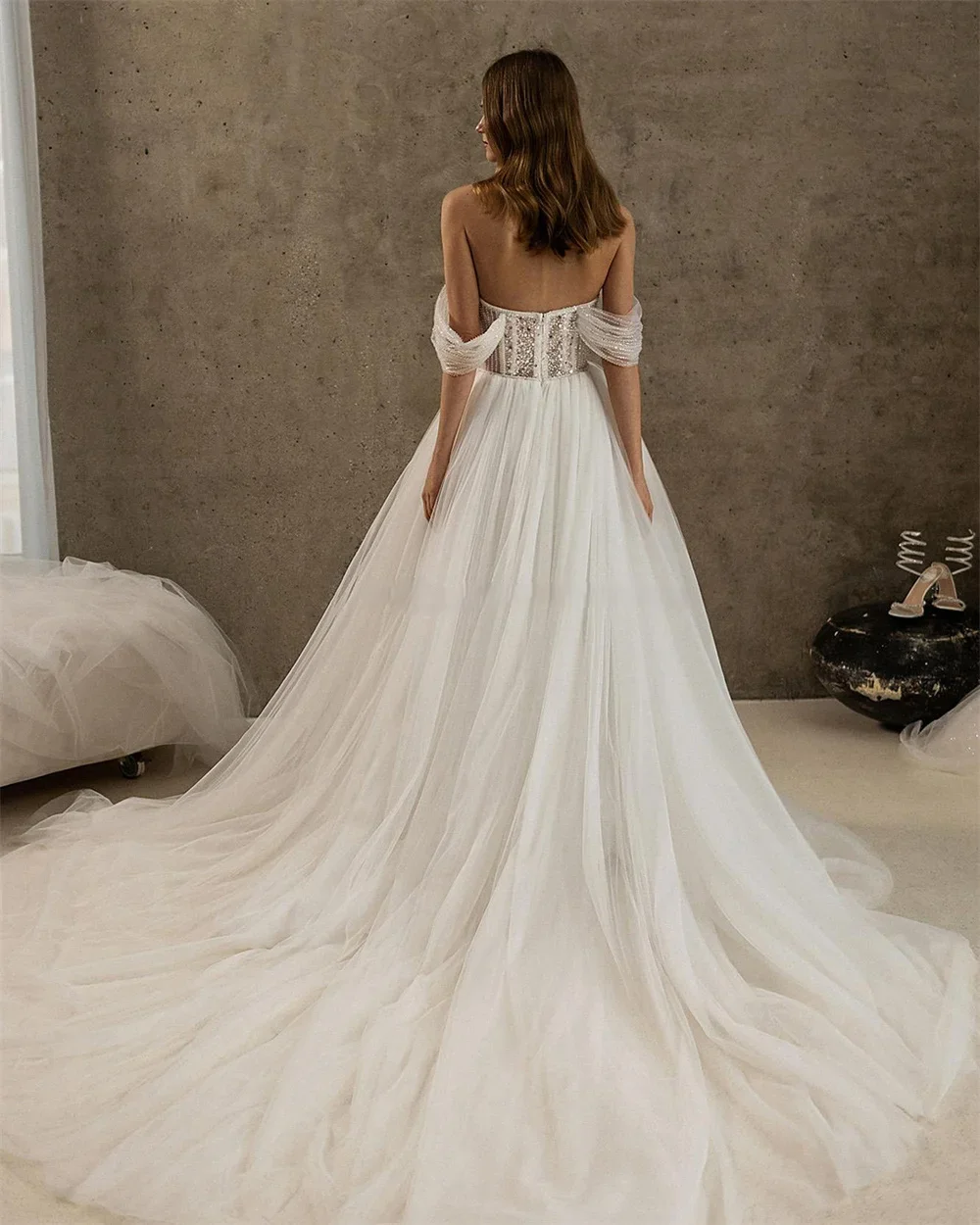 Robe de mariée Sexy, épaules dénudées, manches longues, chérie, perles scintillantes, personnalisée, élégante, ligne a