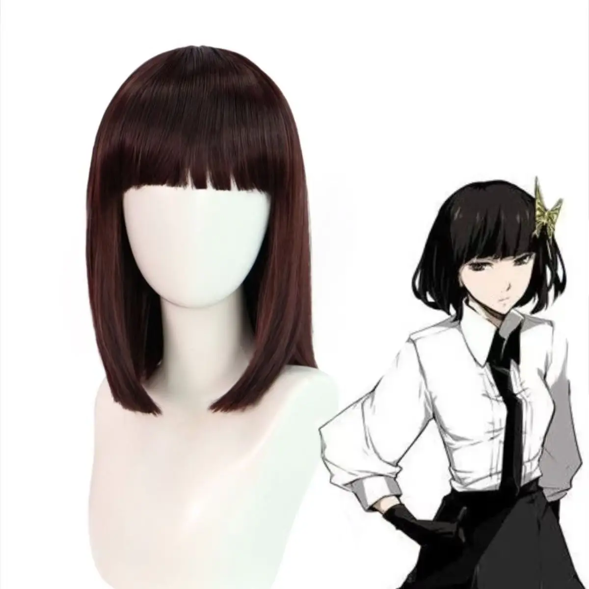 14 Inch Brown Shoulder Length Straight Cosplay Wig with Bangs for Women School Carnival Concert Holiday Daily Wear