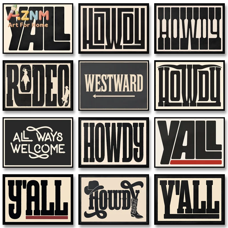 AZNM Retro Western Howdy Yall Canvas Wall Art Cowboy Rodeo Typography Poster Vintage Country Home Unframed Decor Print