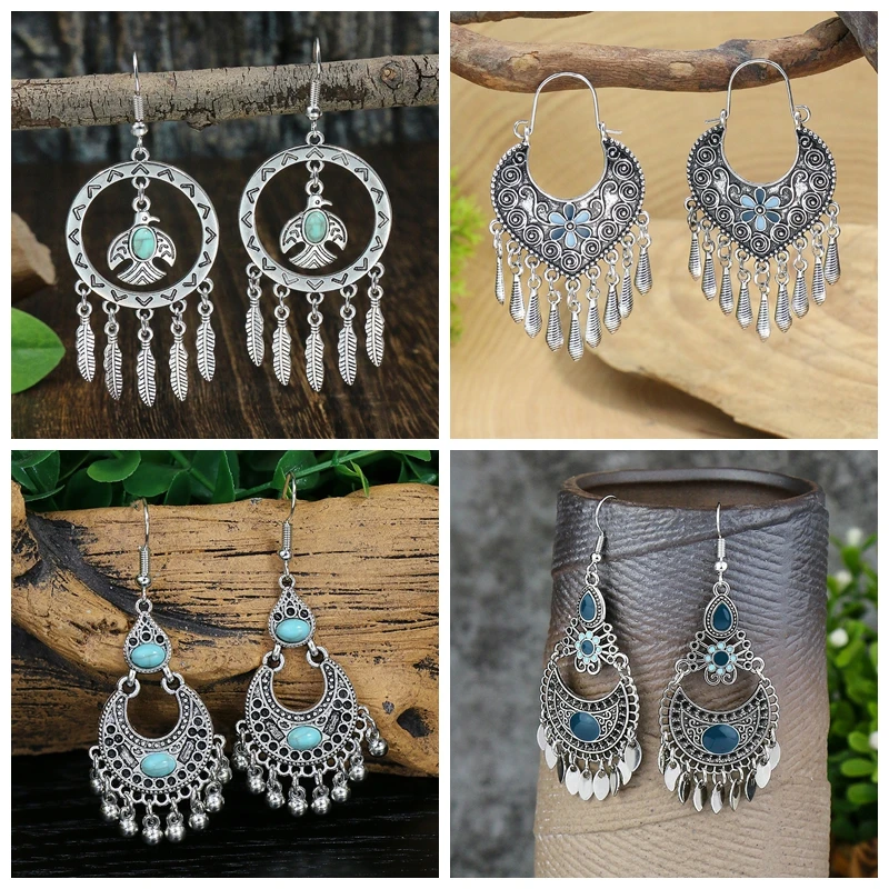 Silber Farbe Retro Quaste Ohrring Frauen Böhmen geschnitzte Blume Vogel Feder Anhänger Ohrringe Mode Party Schmuck Geschenke