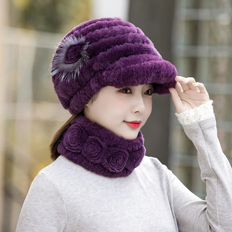 New Women Winter Knit Real Rex Rabbit Fur Hat Scarf Sets Natural Warm Fur Cap Scarves 2 Pieces Girl Quality Real Fur Hat Muffler