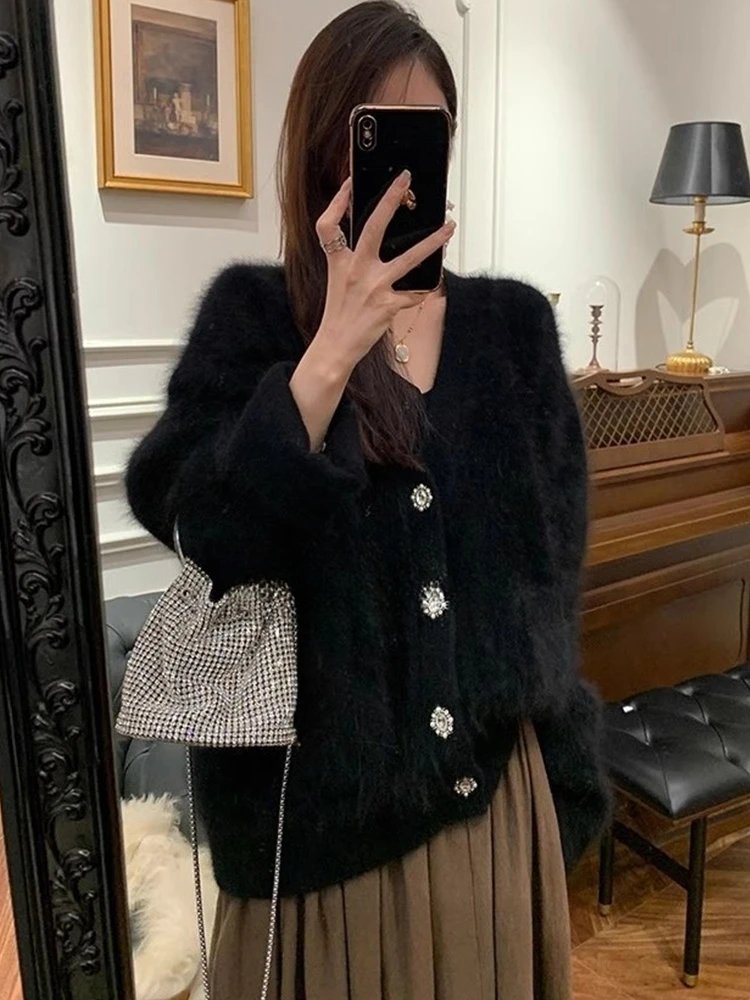 French Retro Women Black Elegant Button Cardigan Knitted Tops Autumn Winter Fashion Brown V-neck Office Lady Long Sleeve Sweater