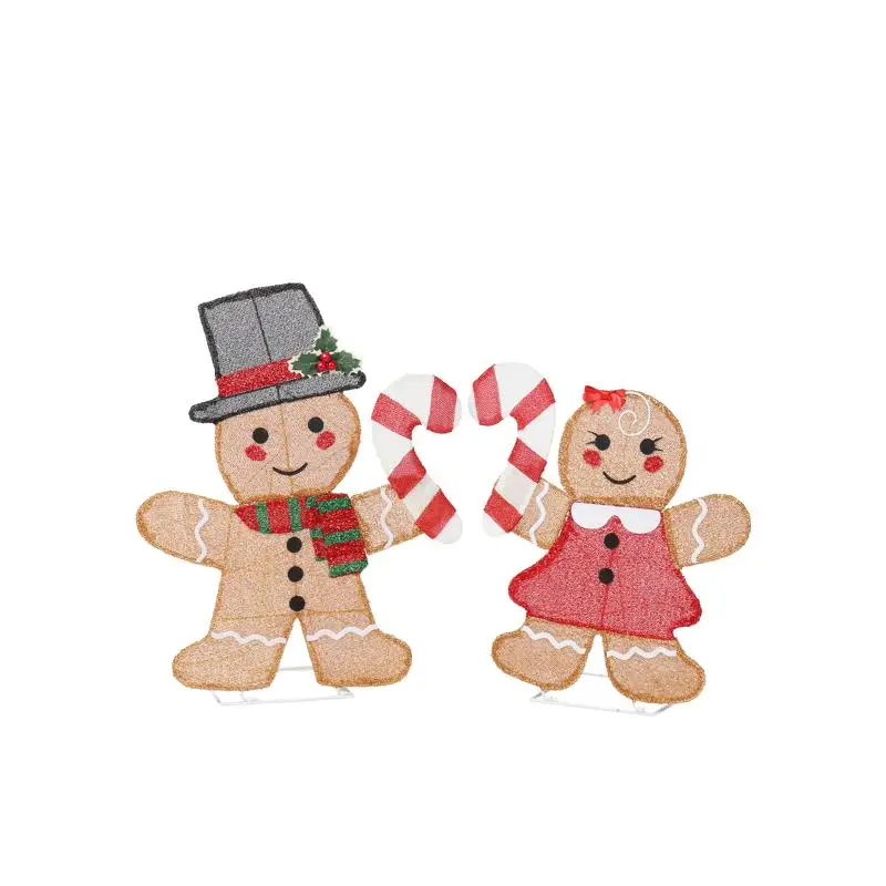 

Set of 2 Lighted Gingerbread Man & Candy Cane Xmas Decorations, Pre-lit 2D Holiday Decor with 80 Warm White LED Lights for