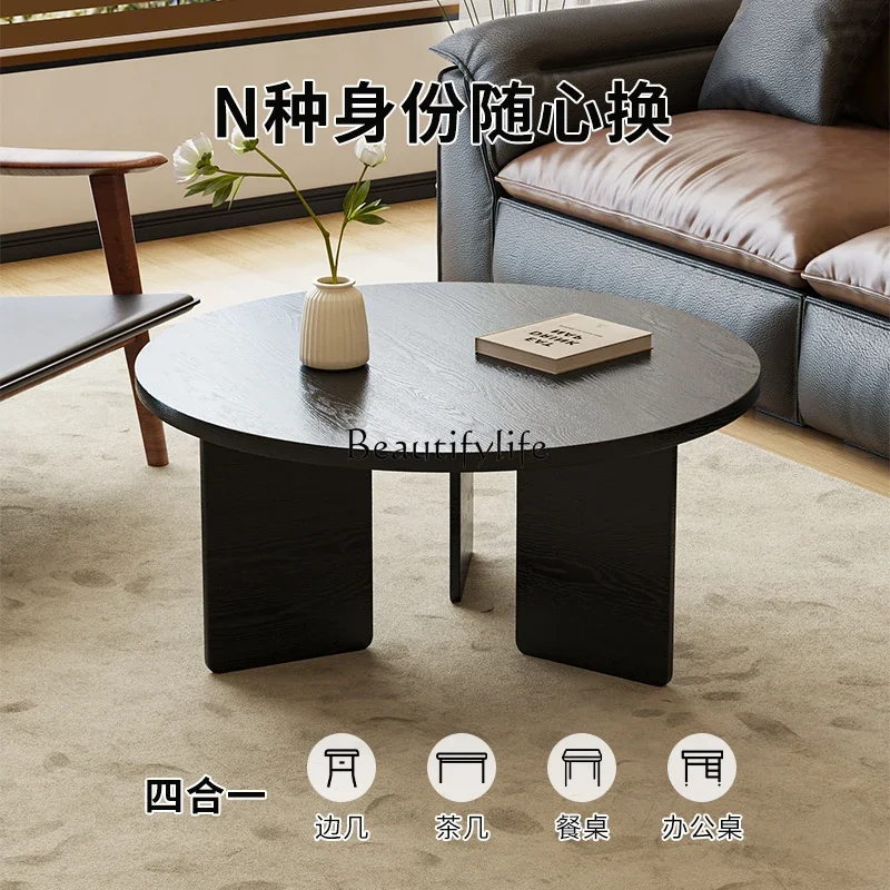 

yj7 Solid Wood Round Coffee Table Black Vintage Style Living Room Home Small Apartment Tea Table Light Luxury Side Table