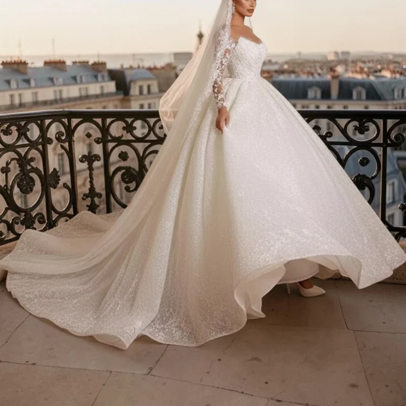Custom Luxury Glitter Lace Ball Gown Wedding Dress Elegant Long Sleeve Bridal Gown Cathedral Train Plus Size Vestido De Novia