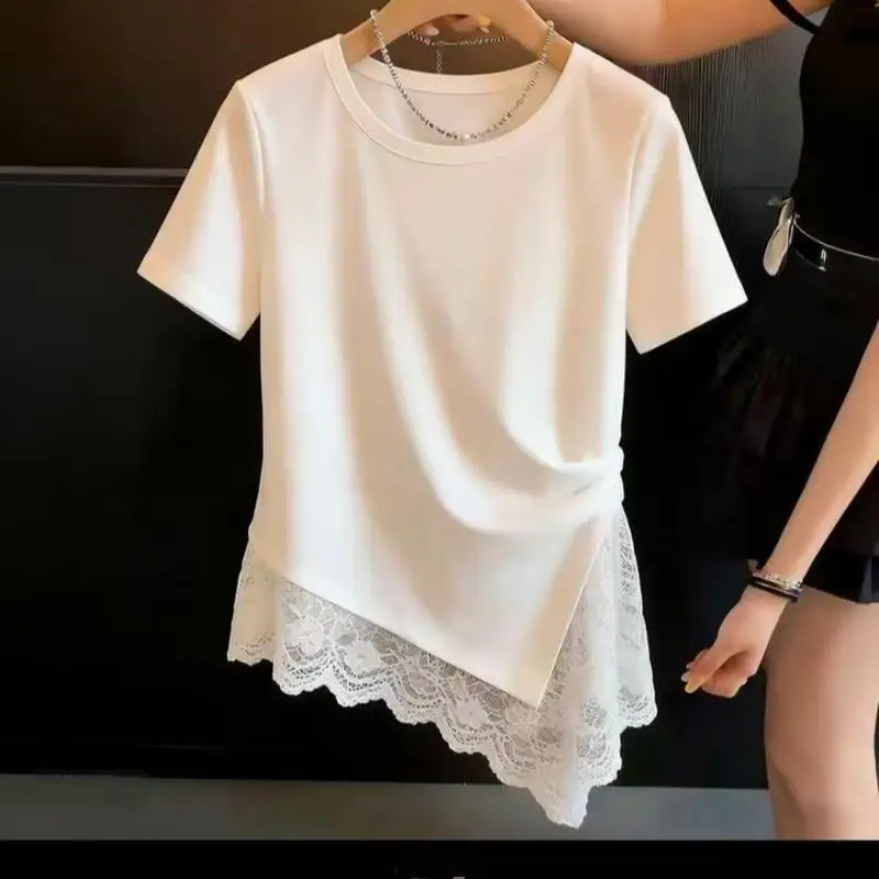 Hot 2026 Summer New Fashion Women Clothing Irregular Hem Lace Patchwork Short Sleeved Tshirt Trendy Design Beautiful Tshirt Tops