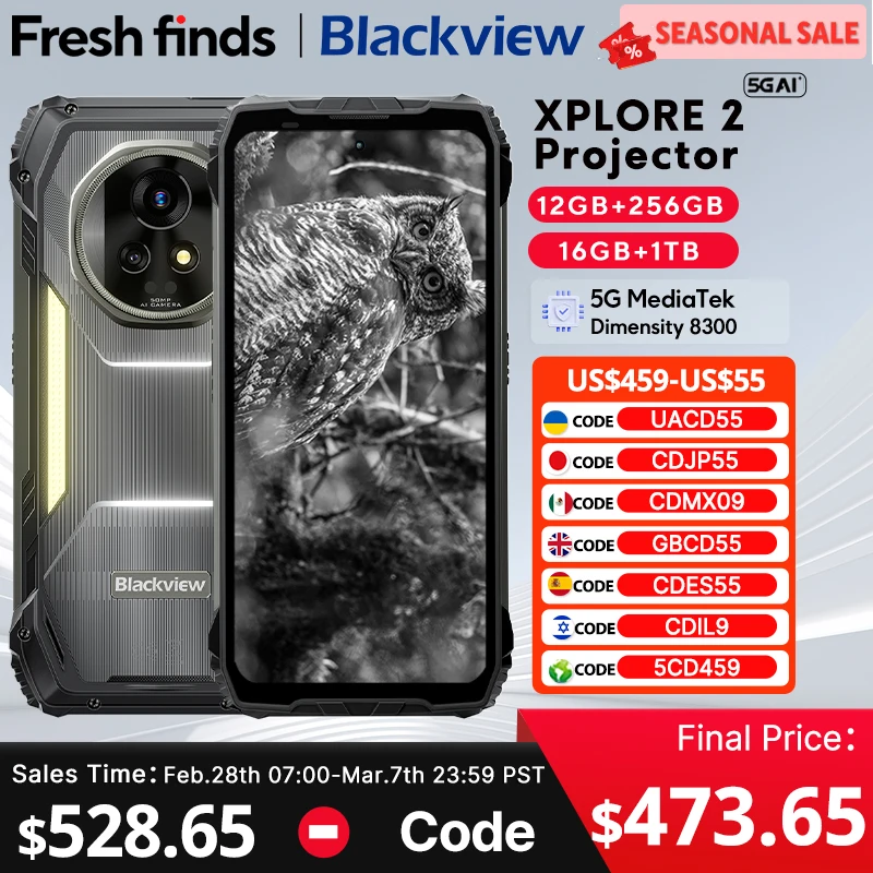 Blackview XPLORE 2 Projector 5G AI Rugged Phone 6.73” 3.2K AMOLED Display Dimensity 8300 20000mAh 120W Charger Cellphone