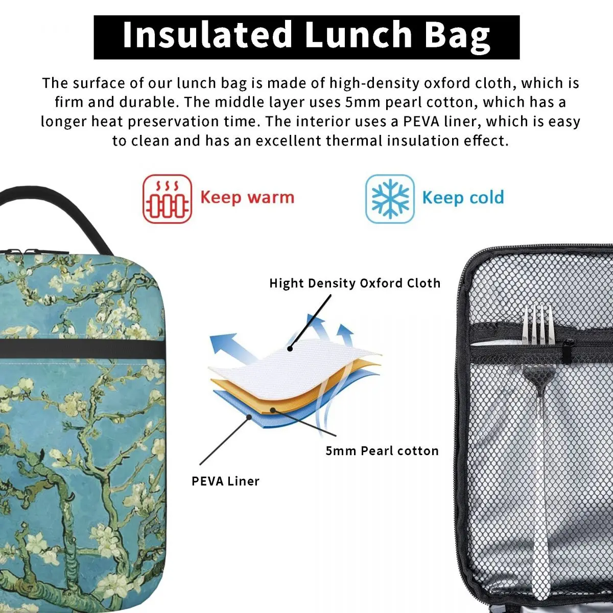 Van Gogh Almond Tree Insulated Lunch Bag for Women Children Portable Food Boxes Thermal Lunch Box Tote