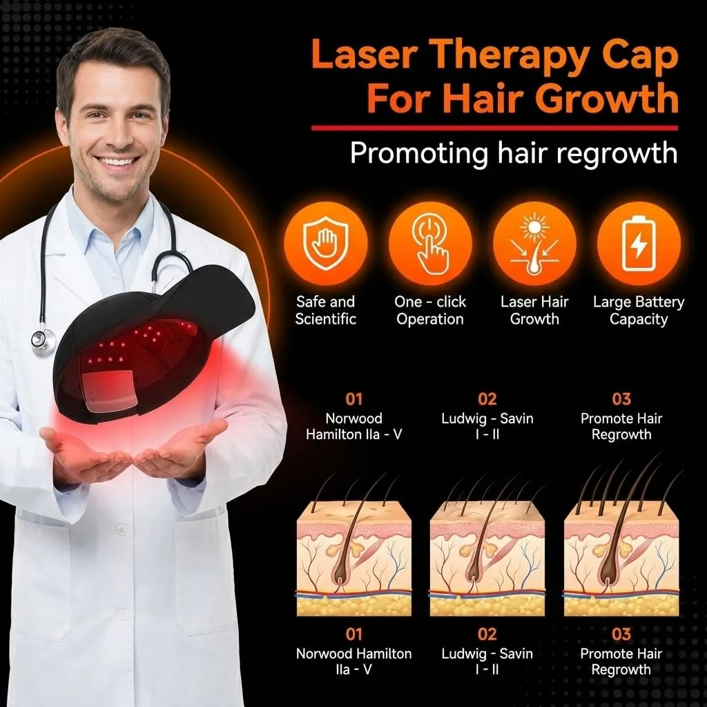 Red Light Therapy Hair Growth Hat, 3 Wavelengths Rechargeable Hair Growth Cap with Detachable Panel, Effective Hair Regrowth and Hair Loss Therapy for Men and Women