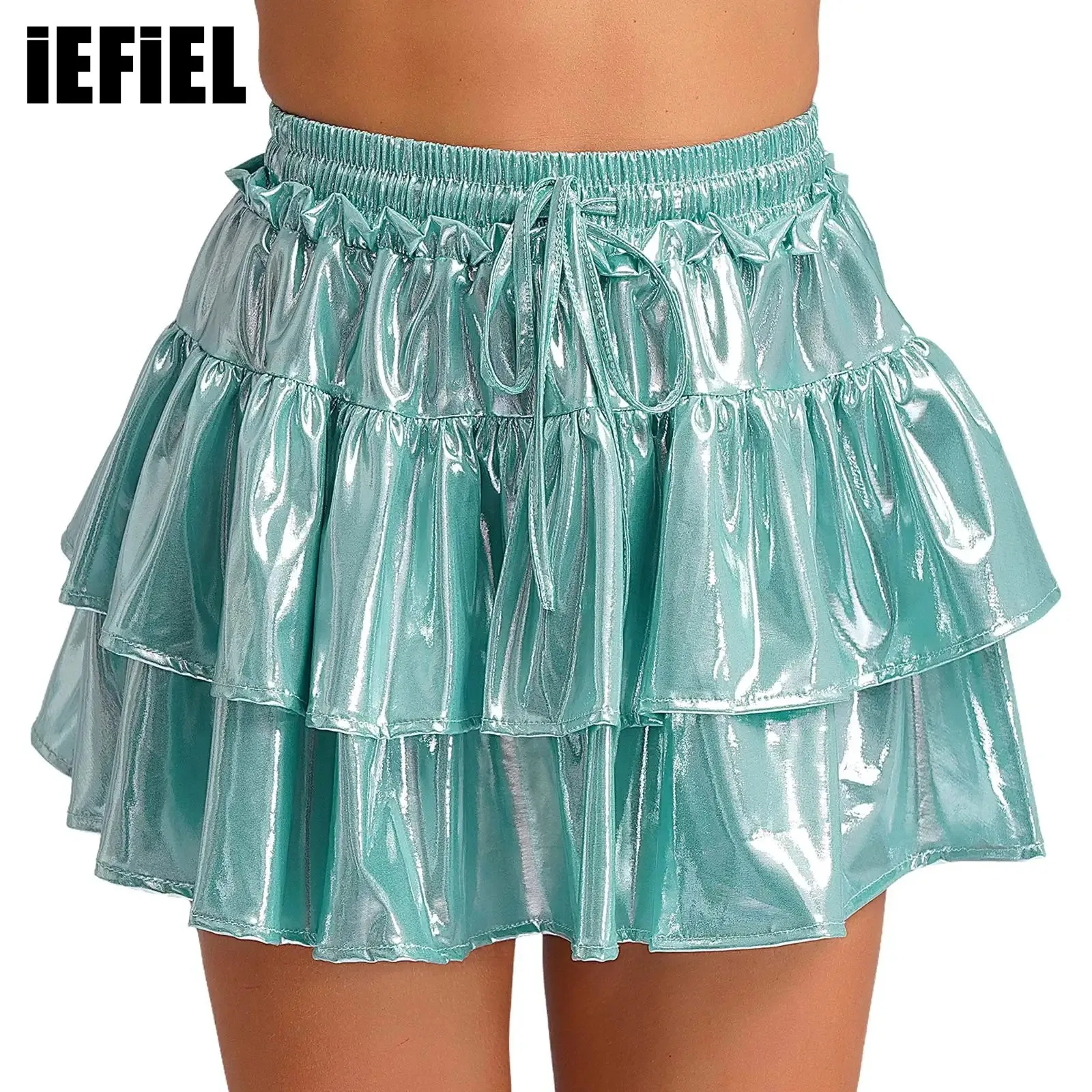 

Women Metallic Mini Skirt Elastic Waistband with Drawstring Tiered Ruffles High Waist Mini Skirt for Party Carnival Casual