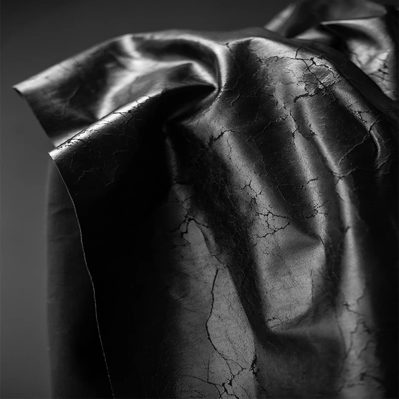 Black Cracked Coated Fabric with Distressed Wrinkles Reconstructed Texture Stiffened Pleats Avant Garde Designer Material