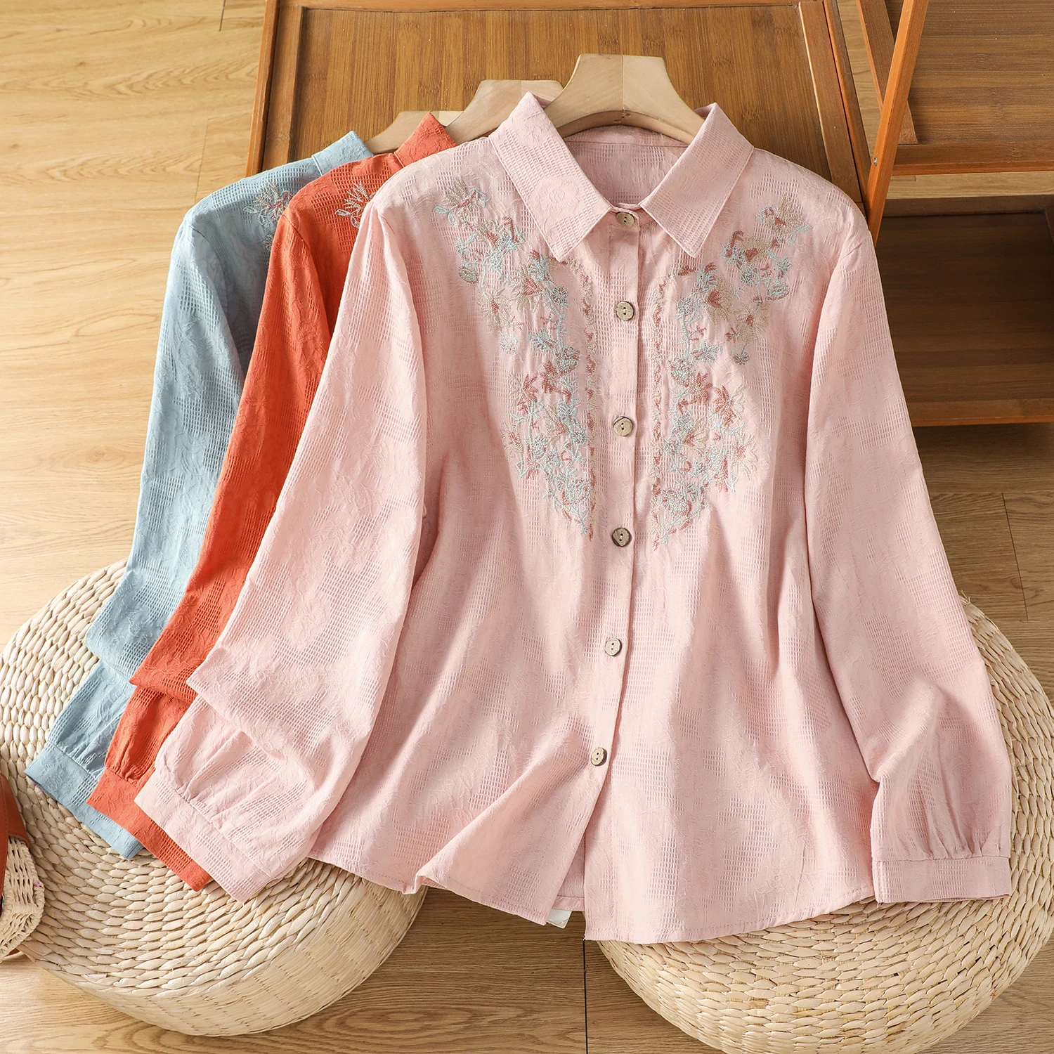 

Spring Autumn Cotton Linen Long Sve Embroidered irt Women Early Autumn Versatile Top Open Cardigan Color Collar ...