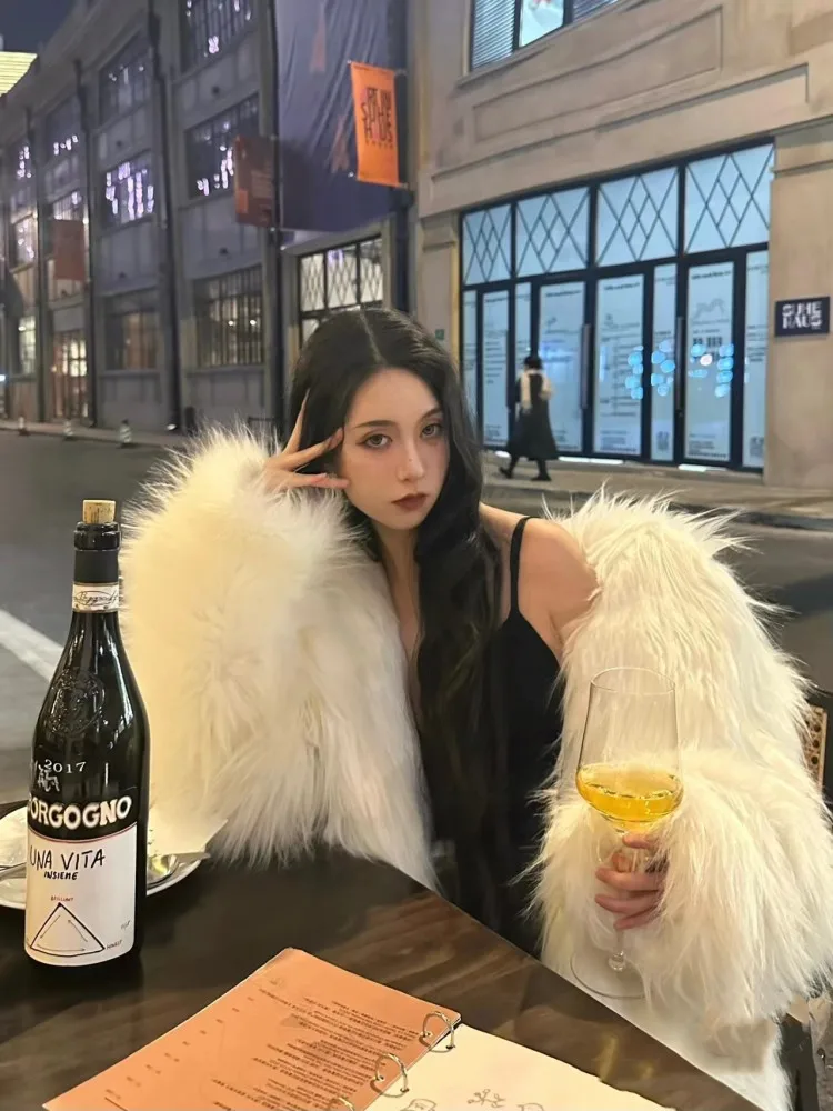 

Ele White Fur Coat Women's Faionable Eco-friendly Winter Outerwear Thiened V-ne Single-breasted Long Sve