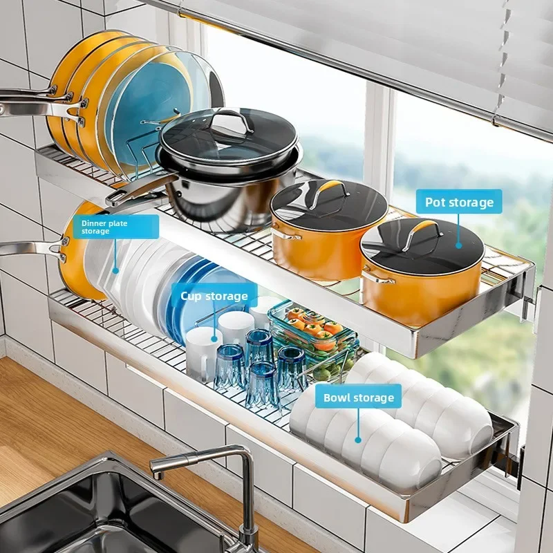 Factory Durable Kitchen Window Rack No Punching 304 Stainless Steel Pot Rack Retractable Storage Rack