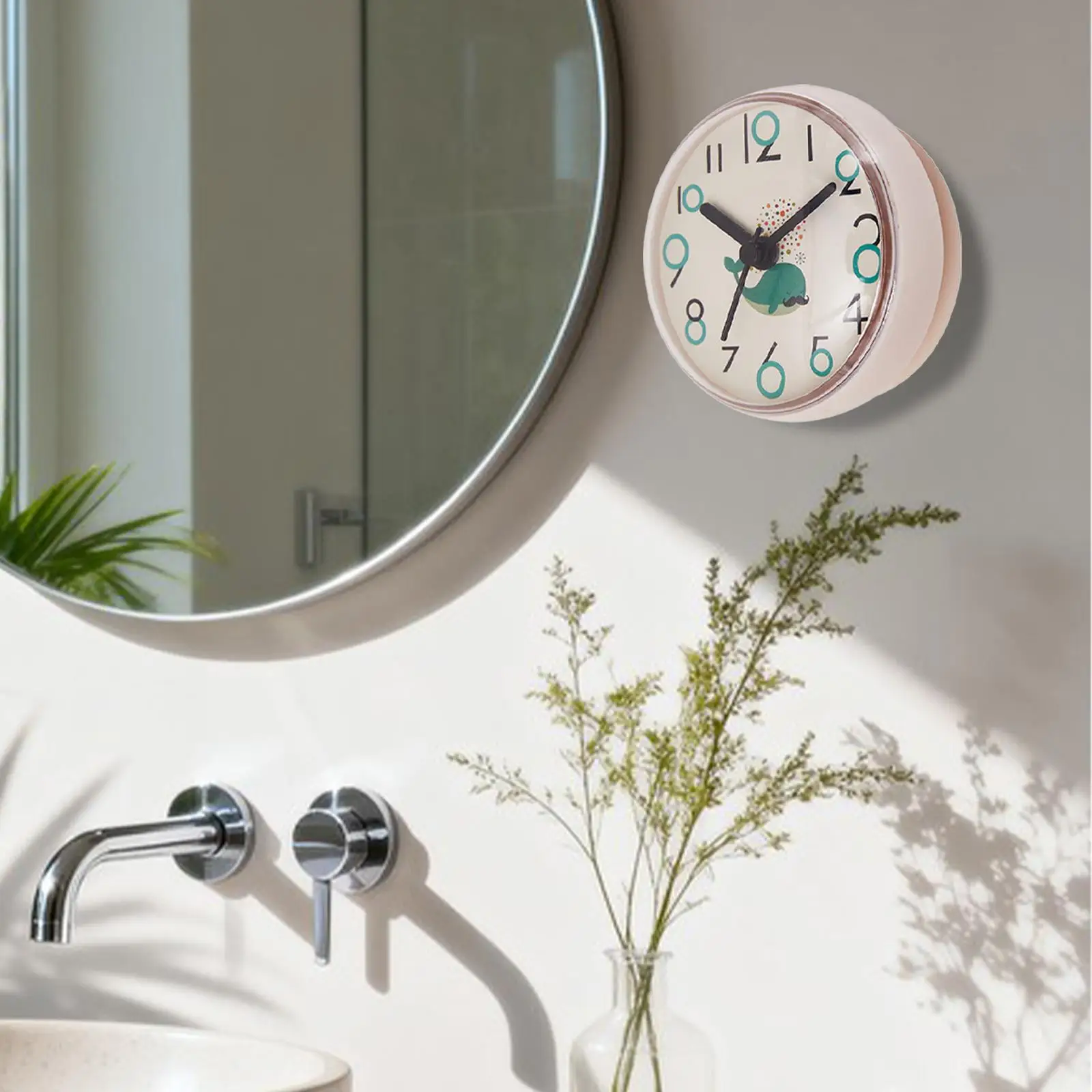 Bathroom Shower Clock,Silent Wall Hanging Decoration Home Decor with Suction Cup Waterproof Round Clock for Refrigerator Cabinet