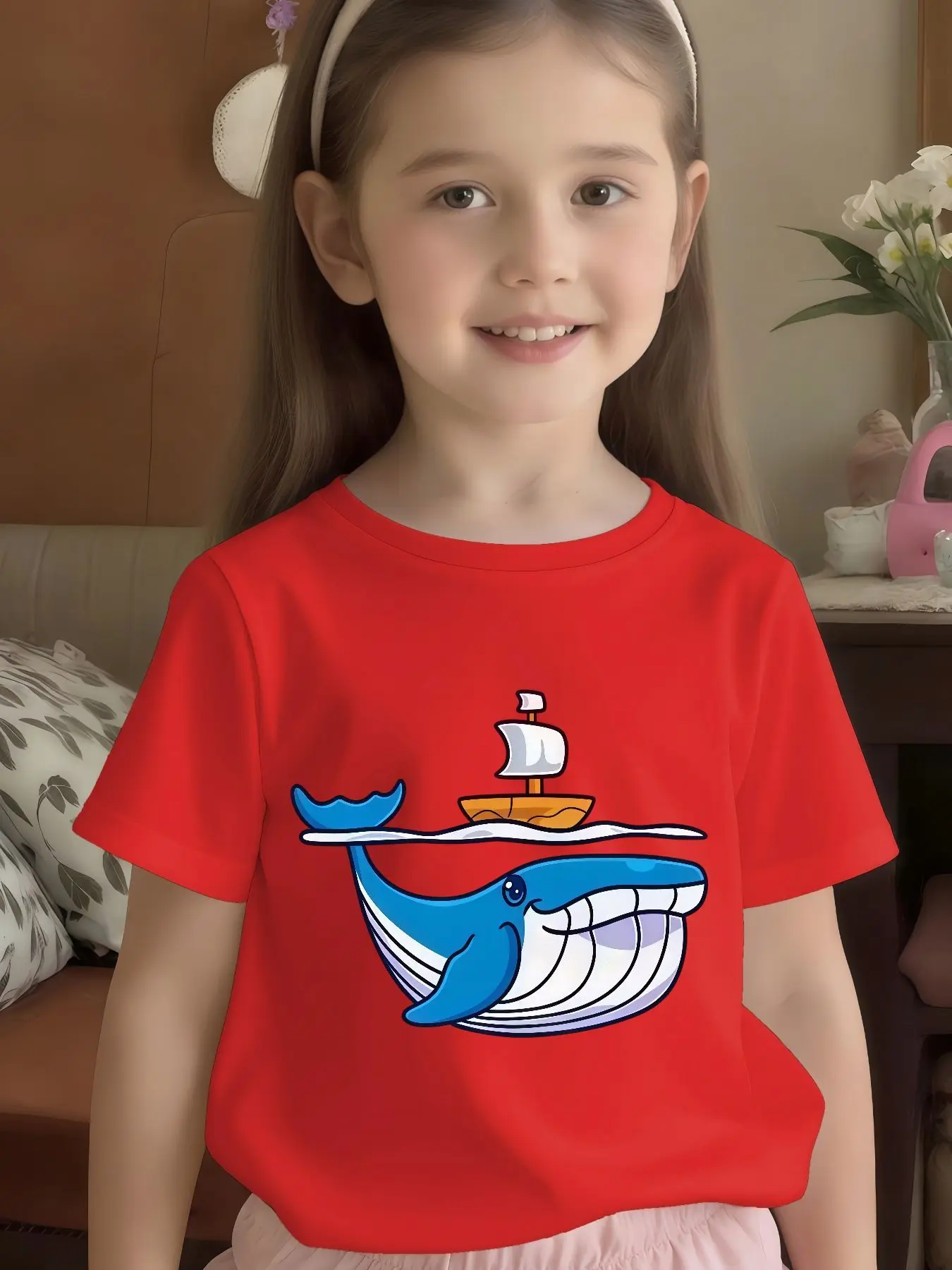 Cartoon Whale And Sailing Ship Print Kids T Shirt Boys Girls Family Match Cotton Short Sleeve Summer Children Casual Basic Wear