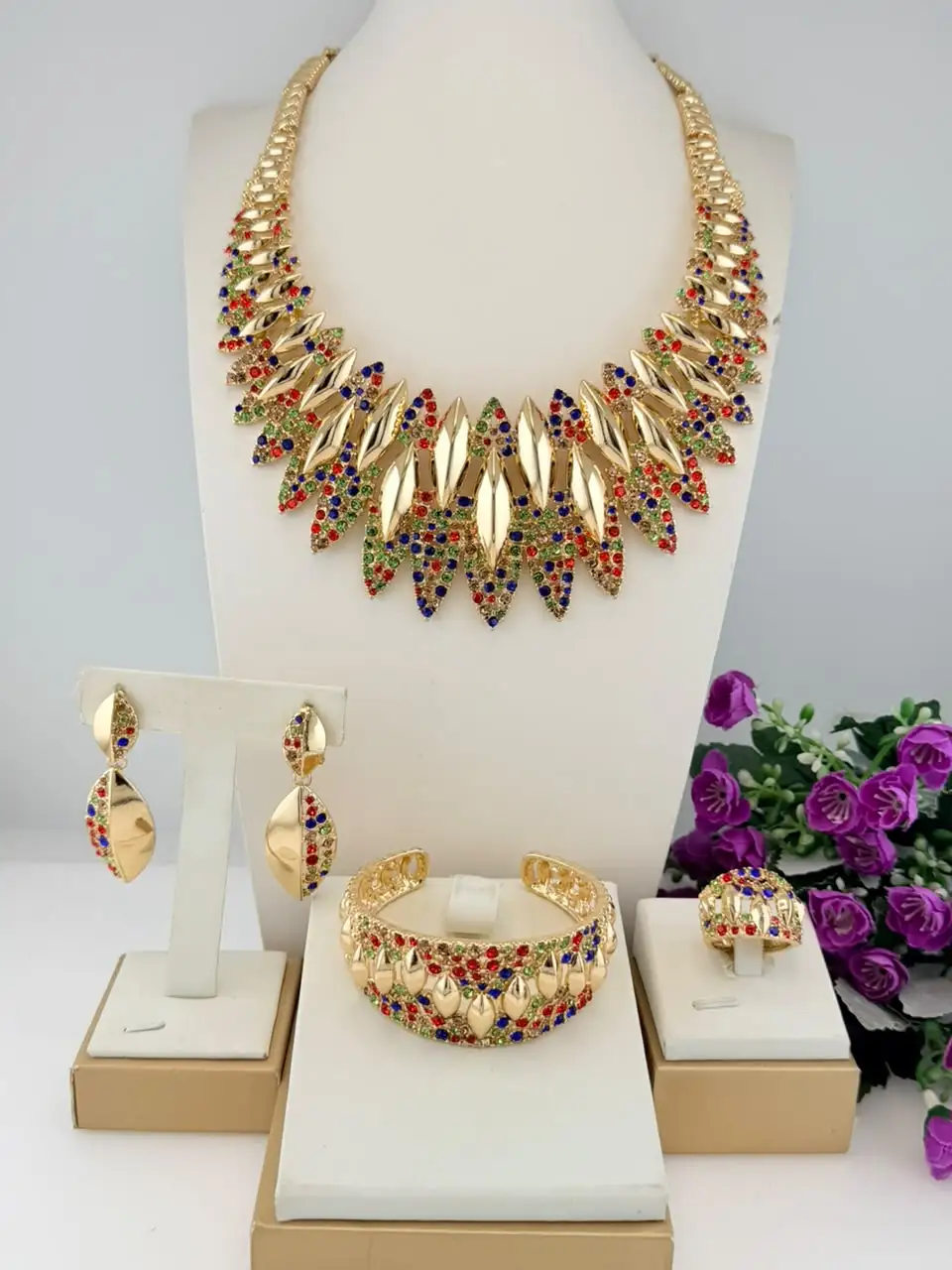 Leaf Rhinestone Statement Jewelry Set Gold Plated Bib Necklace Drop Earrings Cuff Bangle Ring African Bridal Party Accessories