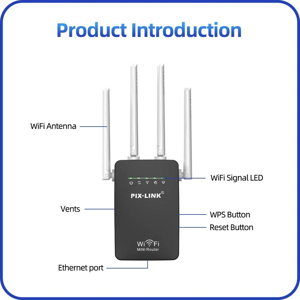 PIX-LINK WR09Q Wireless WiFi Repeater Router 300Mbps Network Signal Booster Amplifier IIEEE802.11 B /g/n WI FI Range Extender