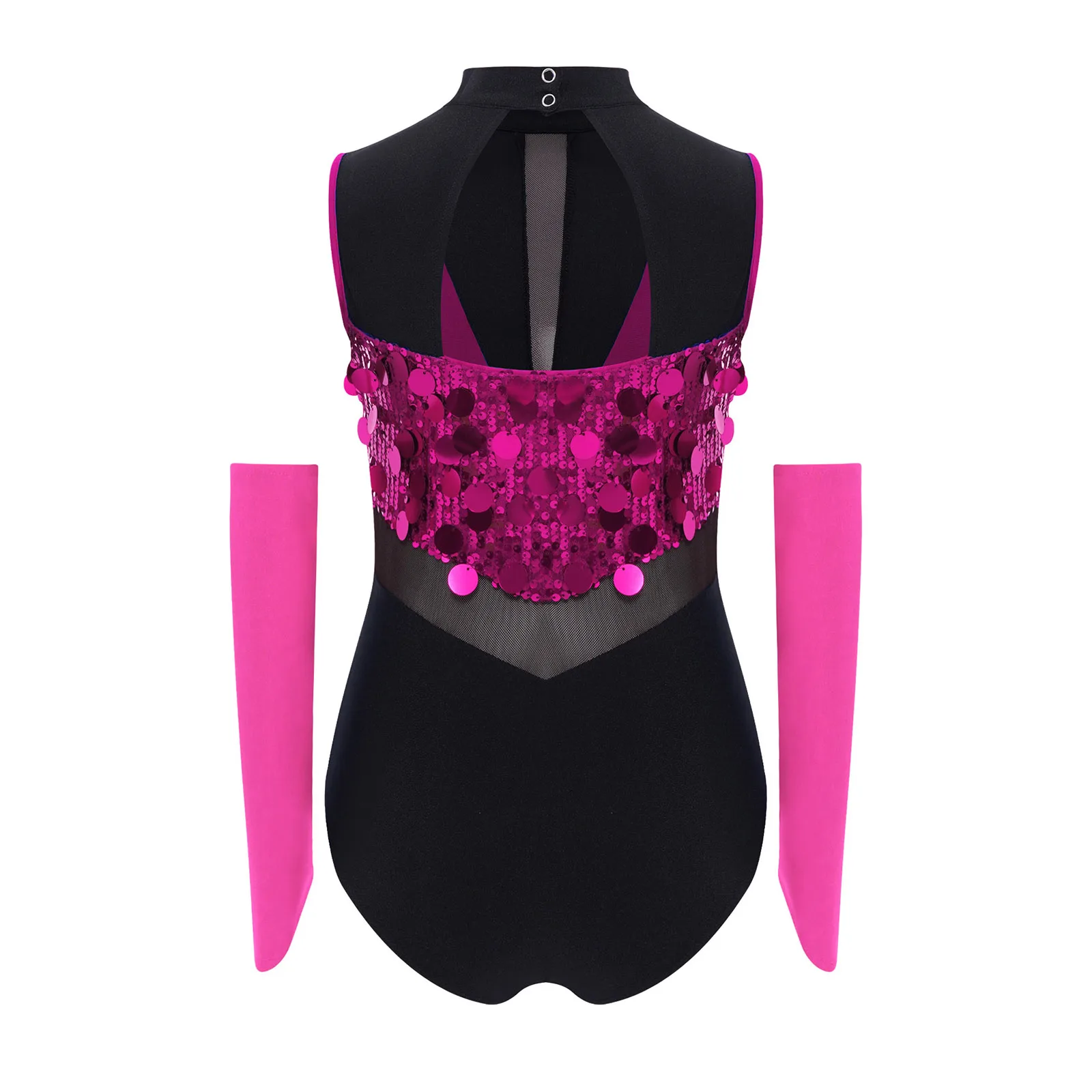 2Pcs Girls Shiny Sequins Jazz Latin Dance Leotard Gymnastics Performance Outfit Sleeveless Cutout Color Block Bodysuit+Gloves