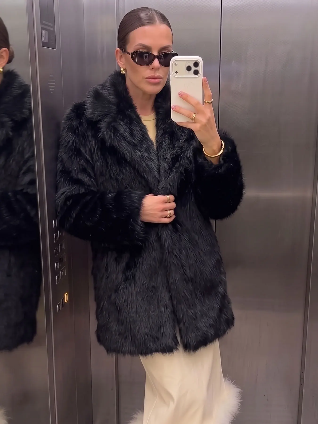 Vintage Womens Open Front Lapel Solid Long Sleeves Causal Winter Vacation Outerwear Elegant Party Loose Shaggy Faux Fur Mid Coat