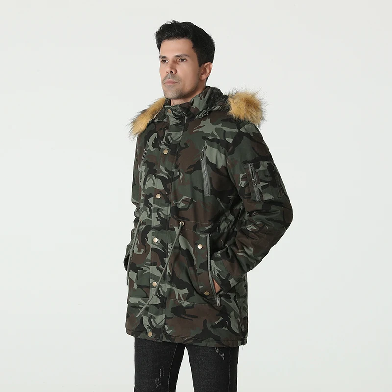 

New winter menswear with fleece thick coat men's hooded camouflage cotton-padded jacket medium long cotton-padded jacket