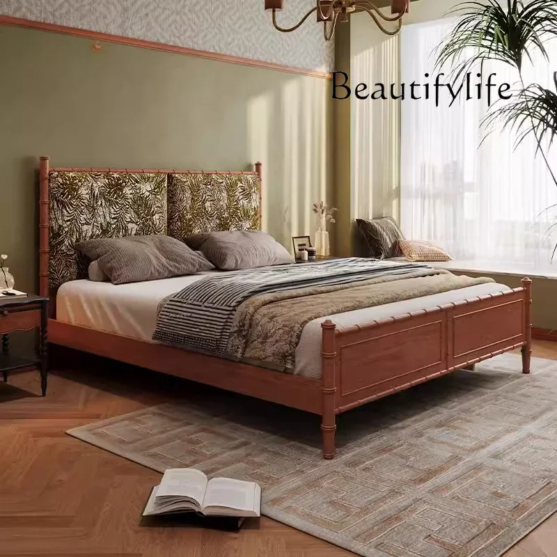 X36 French Retro Bedroom Double Ash Wood Solid Wood Medium Ancient Style 1.8 Meters Soft Bag Master Bedroom Bamboo Shadow Bed