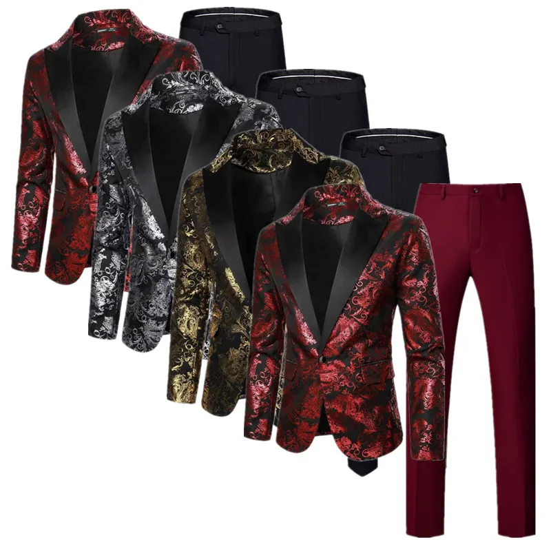 

New Men Business Social Hot Stamping Suit Fashion Homme Wedding Dance Party Dress Blazer Jacket and Pure Color Pants