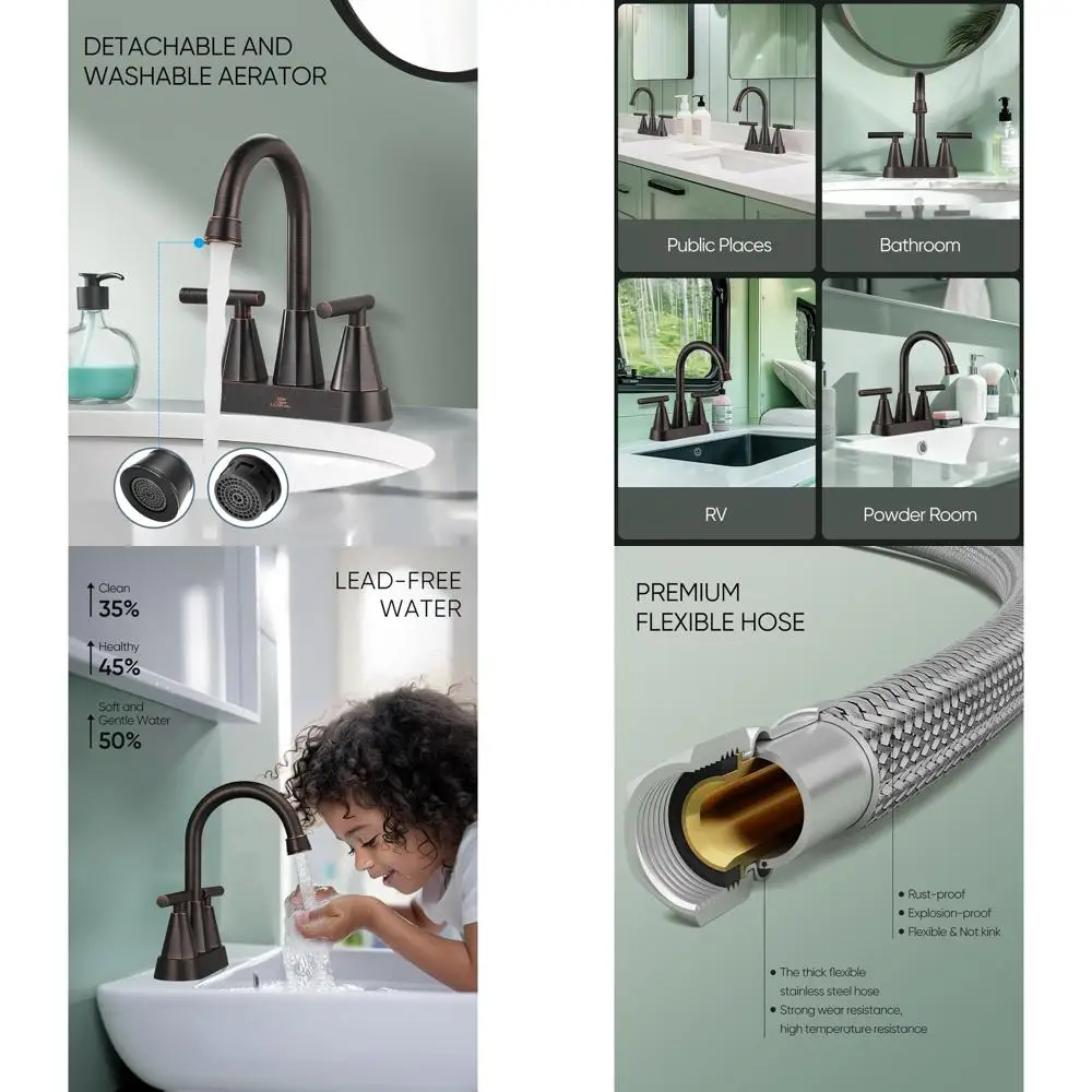 

2-Pack 4 Centerset 2-Handle Bathroom Sink Faucet with 3 Holes, Pop-Up Drain & 2 Hoses, Oil Rubbed Bronze