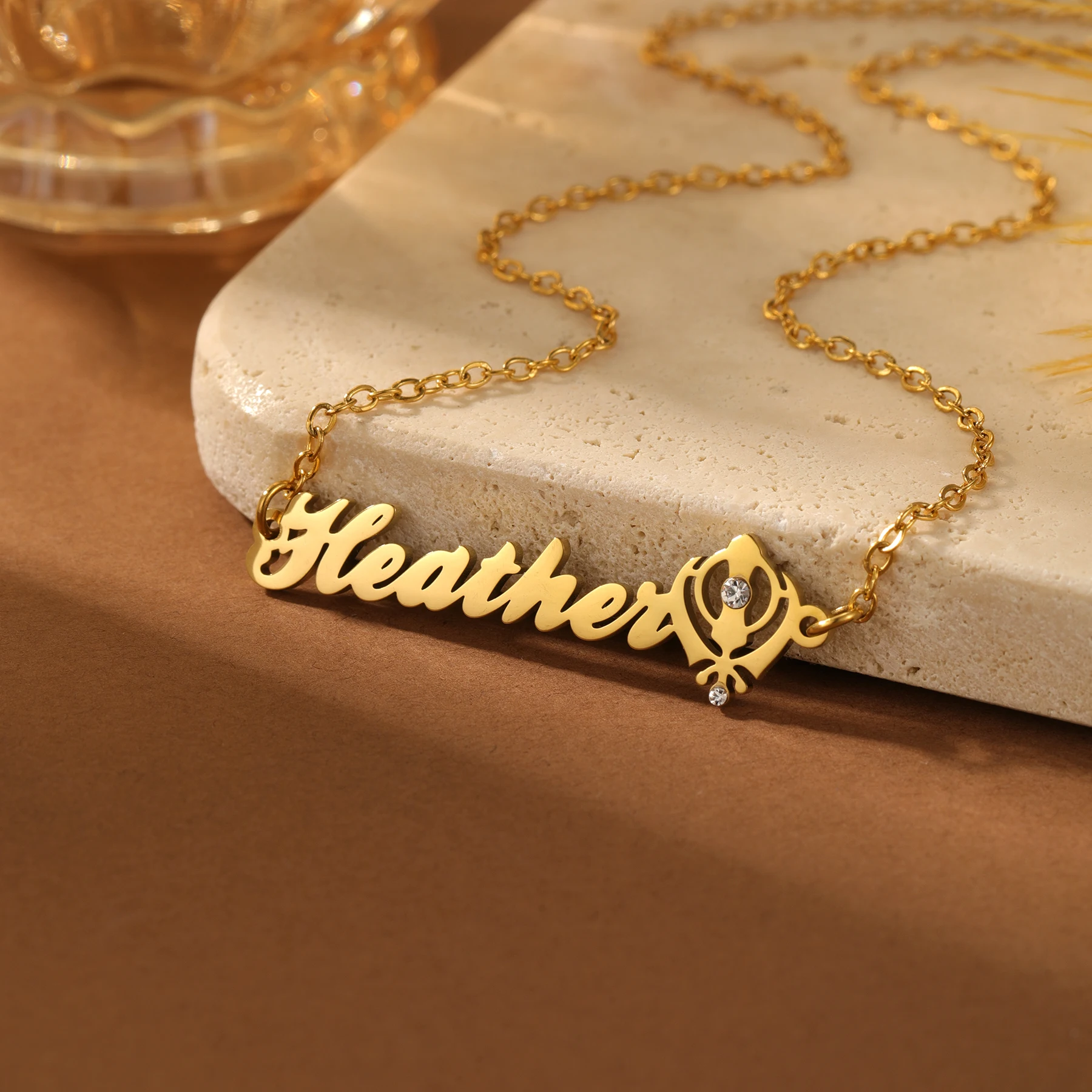 Custom Sikh Necklace Personalization Name Pendant 18K Gold Plated Khanda Symbol Jewelry Punjabi Khalsa Jewelry for Women Gift