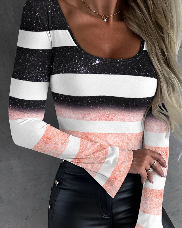 Mulheres listras impressas manga longa topo o pescoço camiseta blusa camiseta verão moda casual camisetas