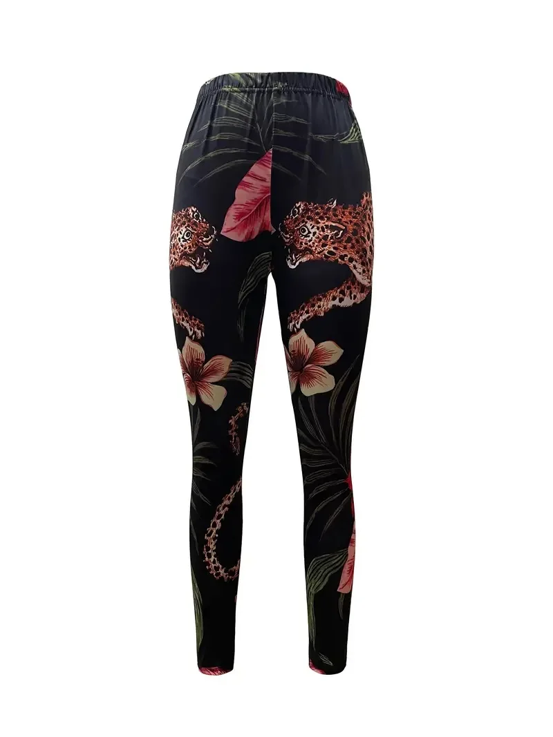 Leopard & floral print tight stretch elastic waist casual leggings for women