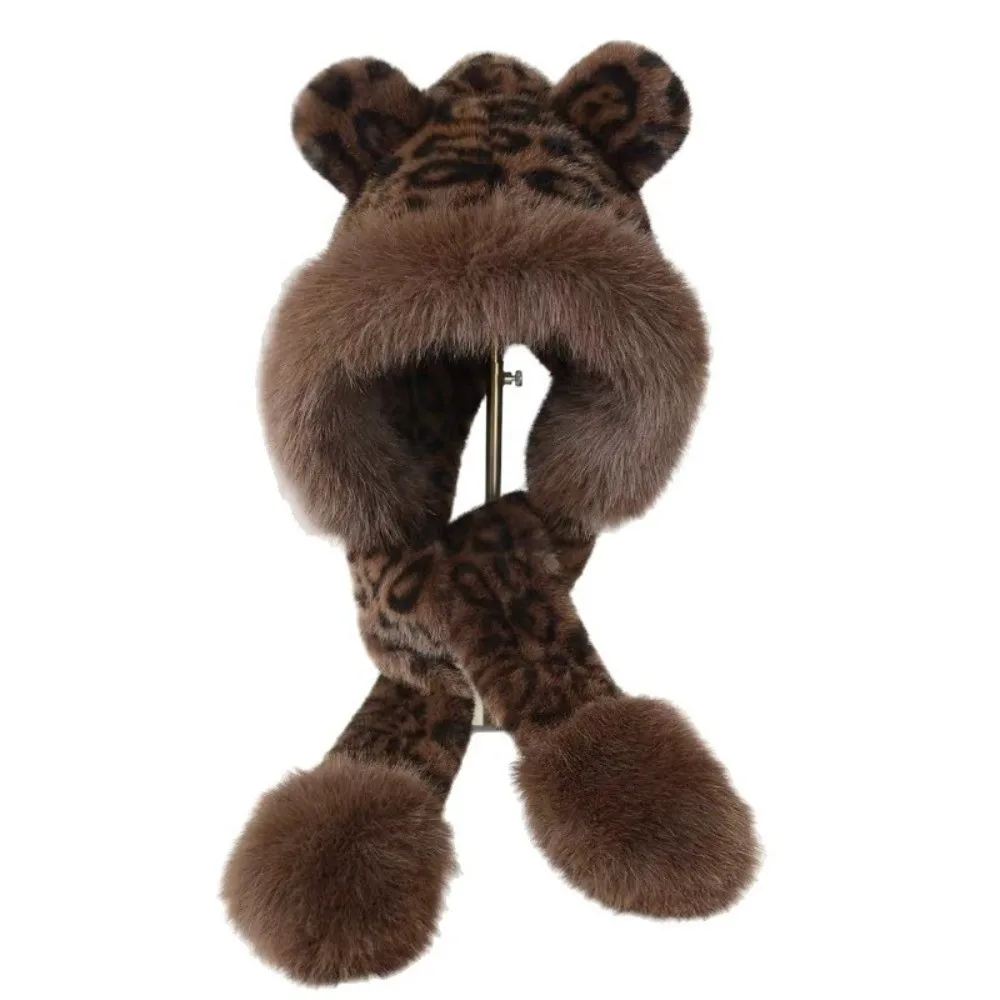 Cute 2-in-1 Leopard Print Hooded Scarf Windproof Ear Protection Winter Hat Scarf Faux Fur Keep Warm Scarf for Women