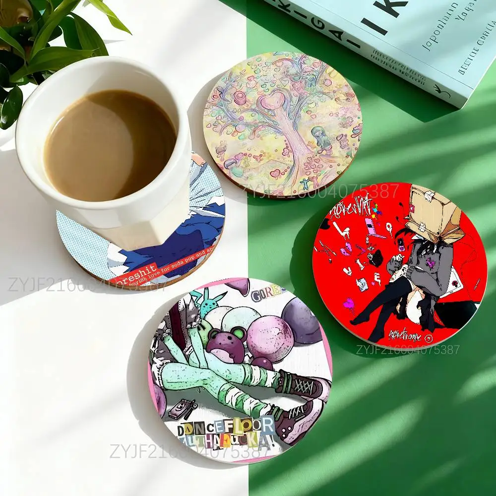 

G-Goreshit Album Cover Pattern Art Coasters Round Wooden Heat Resistant Non-Slip Home Decor Gift Multifunctional