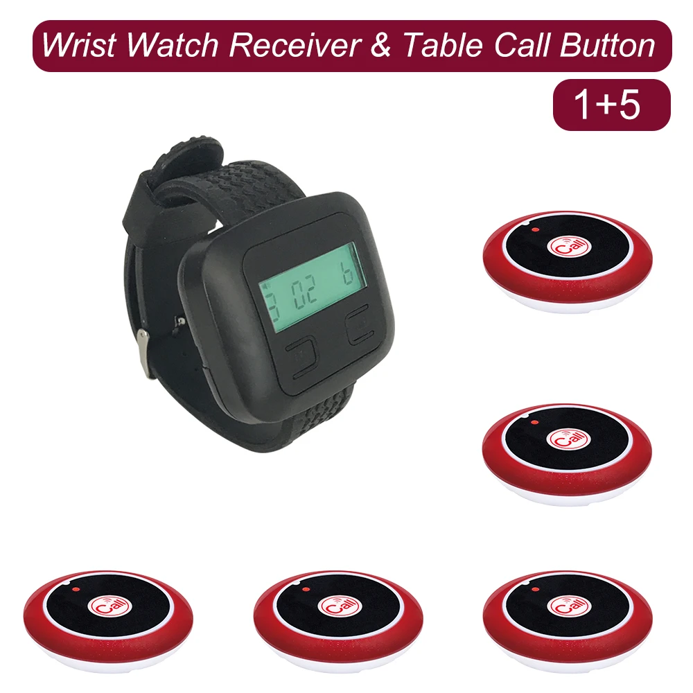 

JINGLE BELLS Wireless Calling System 1 Watch Receiver Pager 5 Waiter Table Button Bell Transmitters for Restaurant Clinic Cafe