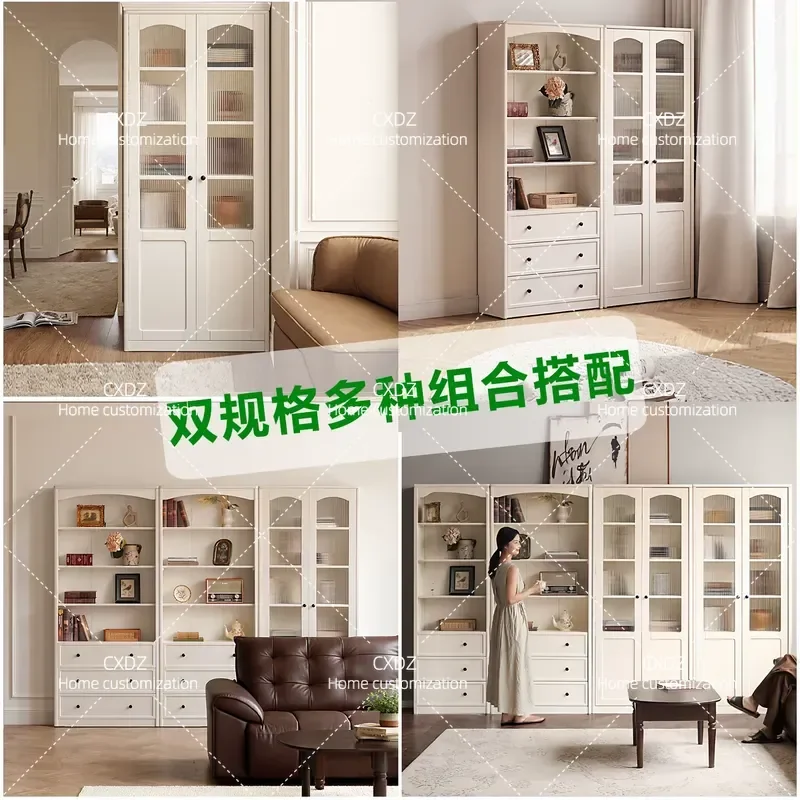 French Style Solid Wood Bookcase with Cabinet Doors American Cream Floor to Ceiling White Display Shelf for Living Room