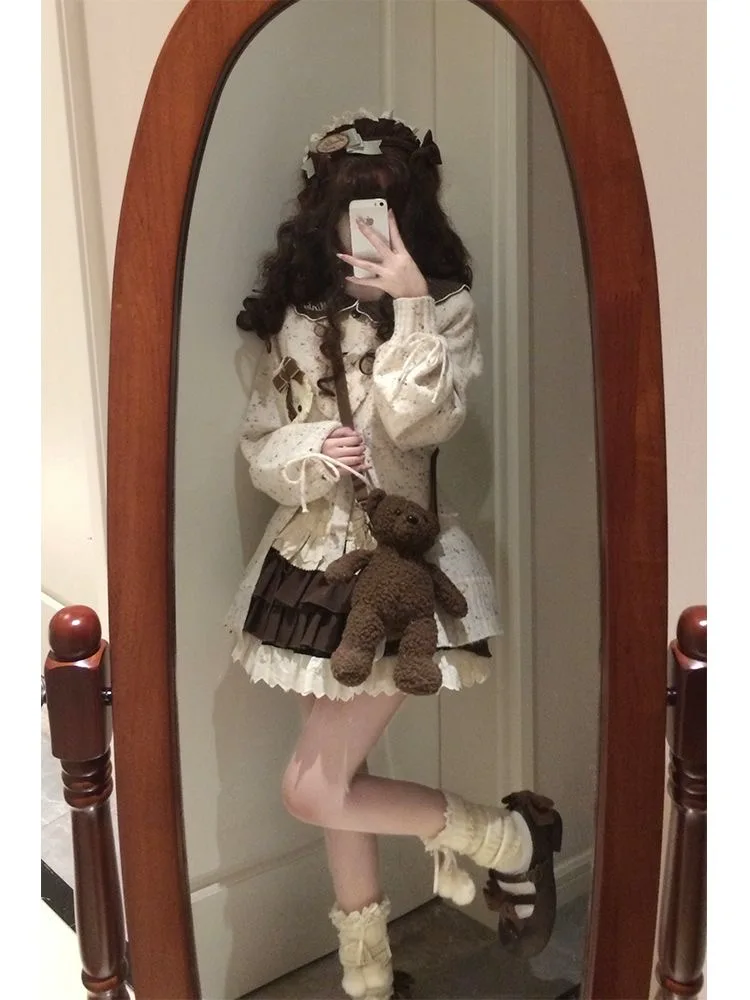 Leuke Zoete Lolita Klein Formaat Dames T-stuk Set Herfst 2025, Nieuwe Trui Irt F Rok Afslanken Faion Set