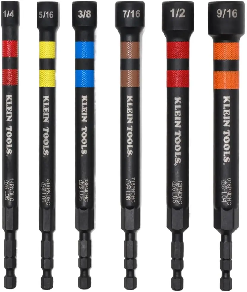 

Magnetic Hollow Impact Nut Drivers Set, 6-Piece Color Coded SAE Sizes 1/4 to 9/16-Inch, Extended Reach 5-Inch Shaft, Rare-Earth