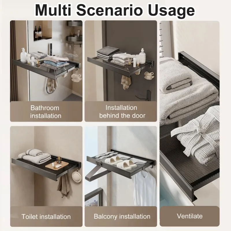 Foldable Bathroom Bath Towel Rack Clothes and Hat Rack with Hooks Punch-Free Towel Toilet Storage Storage Shelf